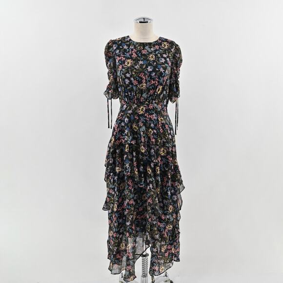 CeCe Tiered Midi Dress‎ Size 2 Black Asymmetric Floral Print Ruched Short Sleeve - Picture 1 of 13